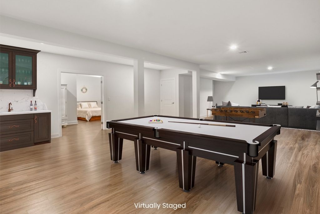 Billiard Table, Game Room, Interior, Recessed Lighting, Wood Texture Flooring