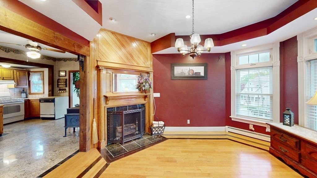 Chandelier, Fireplace, Interior, Kitchen, Pendant Lights, Recessed Lighting, Wood Texture Flooring