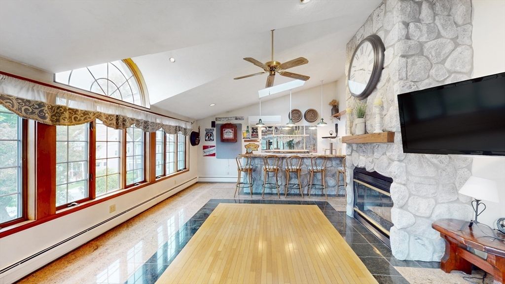 Fireplace, Interior, Recessed Lighting, Stone Walls