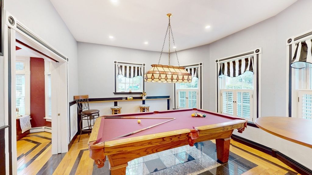 Billiard Table, Game Room, Interior, Pendant Lights, Recessed Lighting, Wood Texture Flooring