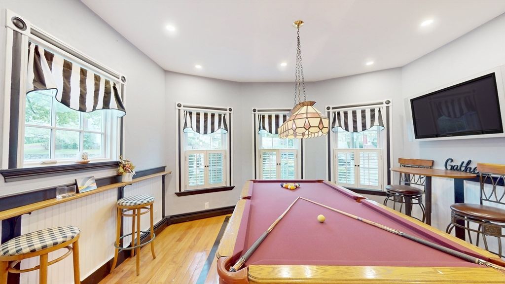 Billiard Table, Game Room, Interior, Pendant Lights, Recessed Lighting, Wood Texture Flooring
