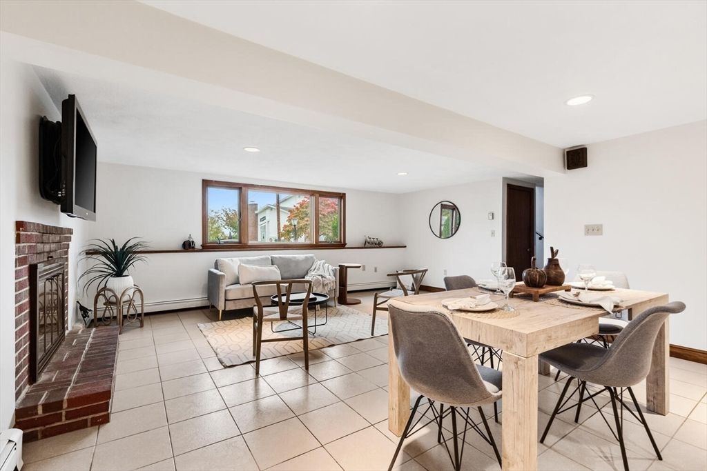 Dining room, Fireplace, Interior, Living room, Recessed Lighting