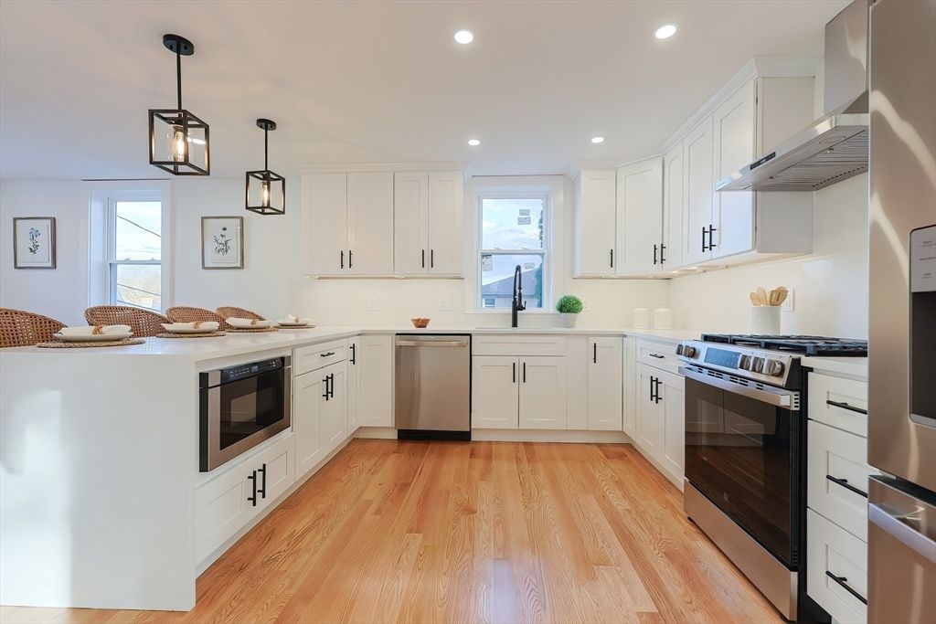 Interior, Kitchen, Pendant Lights, Recessed Lighting, Stainless Steel Appliances, Wood Texture Flooring
