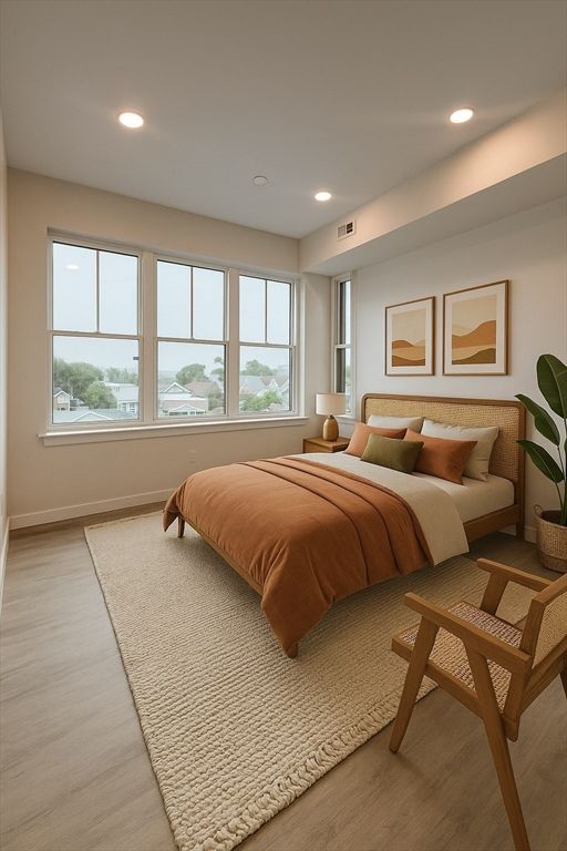 Bedroom, Interior, Recessed Lighting, Wood Texture Flooring