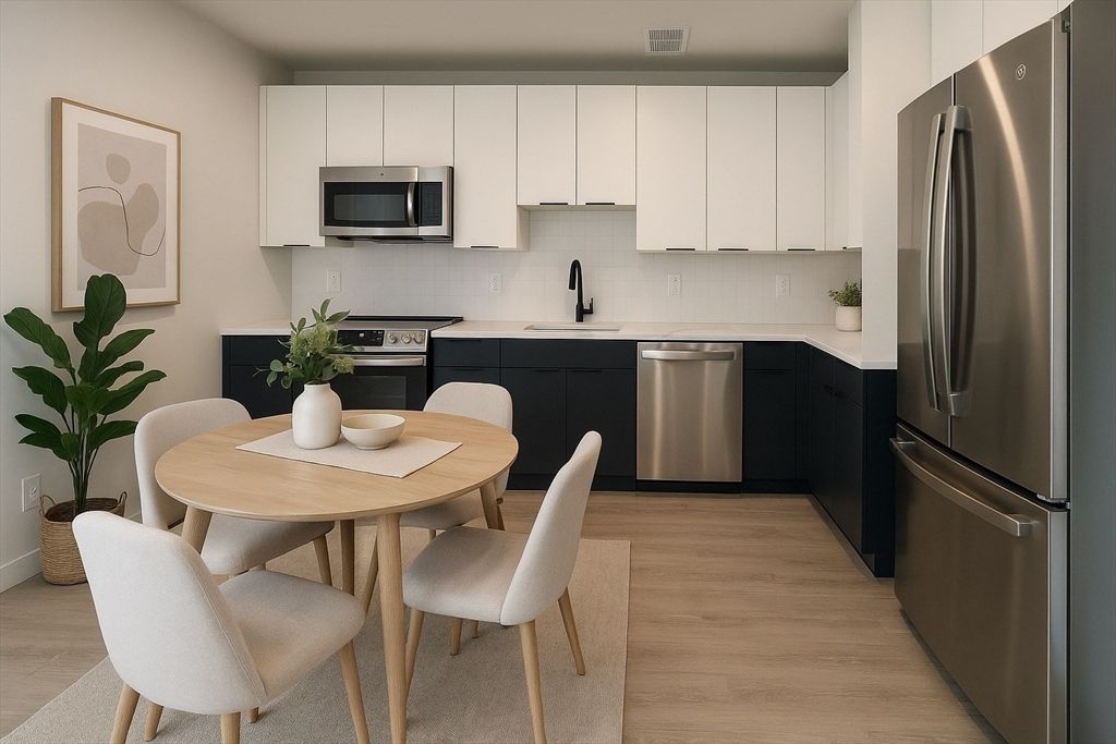 Dining room, Interior, Kitchen, Stainless Steel Appliances, Wood Texture Flooring