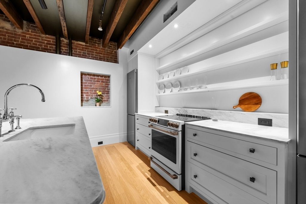 Interior, Kitchen, Recessed Lighting, Stone Walls, Wood Texture Flooring