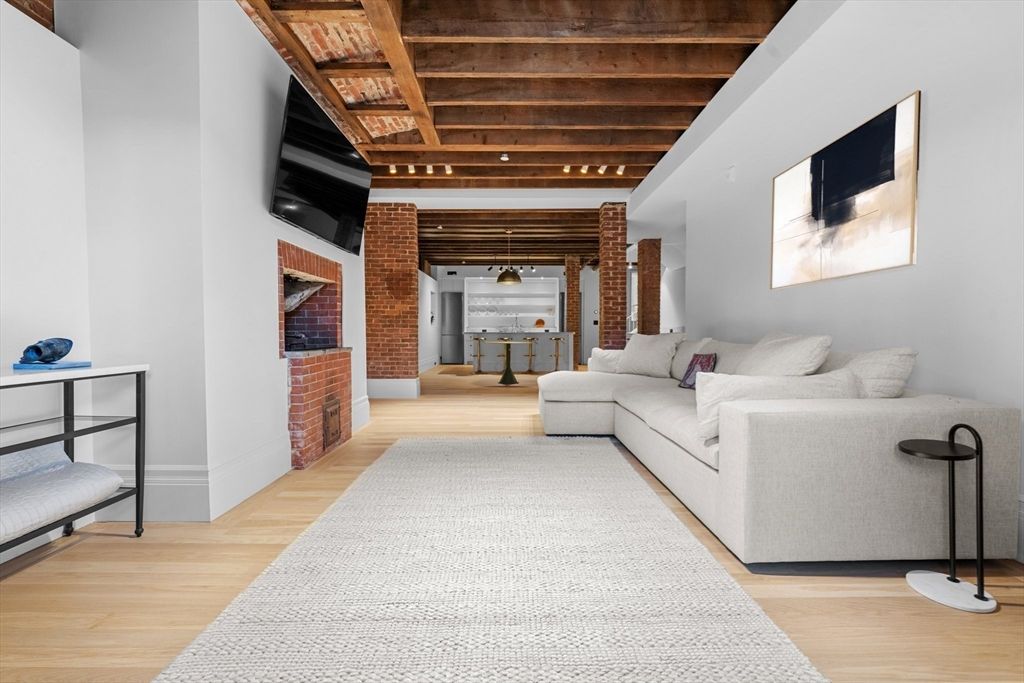 Interior, Living room, Pendant Lights, Recessed Lighting, Stone Walls, Wooden Beams, Wooden Ceilings, Wood Texture Flooring