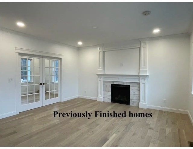Empty room, Fireplace, Interior, Recessed Lighting, Wood Texture Flooring