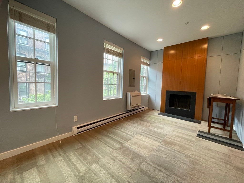 Empty room, Fireplace, Interior, Recessed Lighting, Wooden Walls