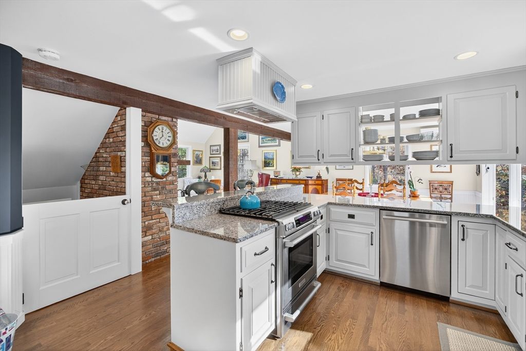 Interior, Kitchen, Recessed Lighting, Stainless Steel Appliances, Stone Walls, Wood Texture Flooring