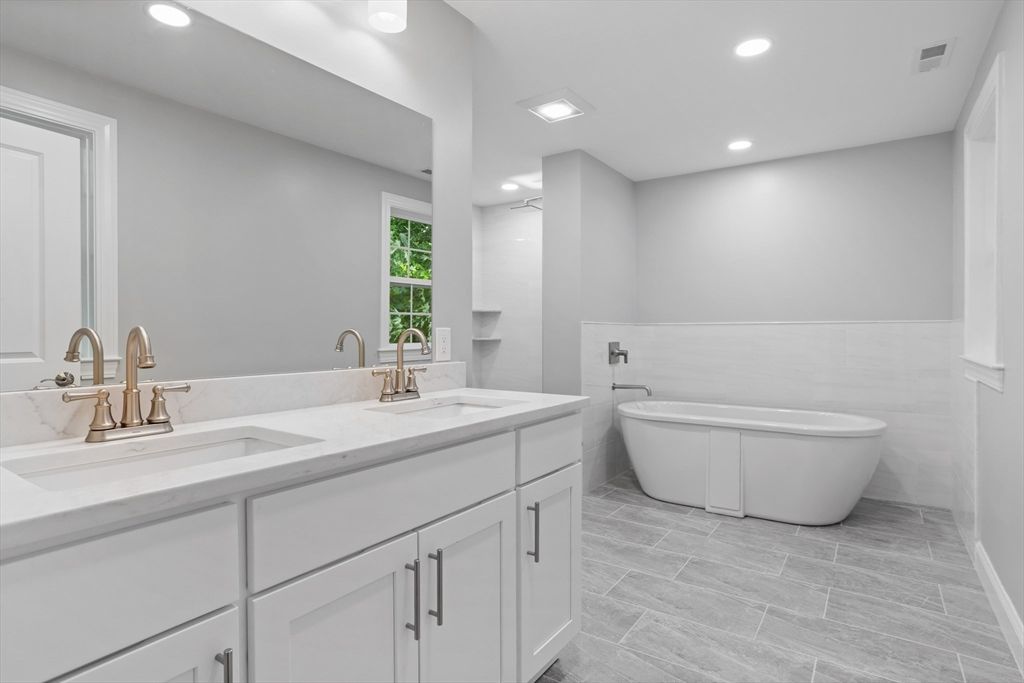 Bathroom, Dual Sink Vanities, Free Standing Baths, Interior, Recessed Lighting, Wood Texture Flooring