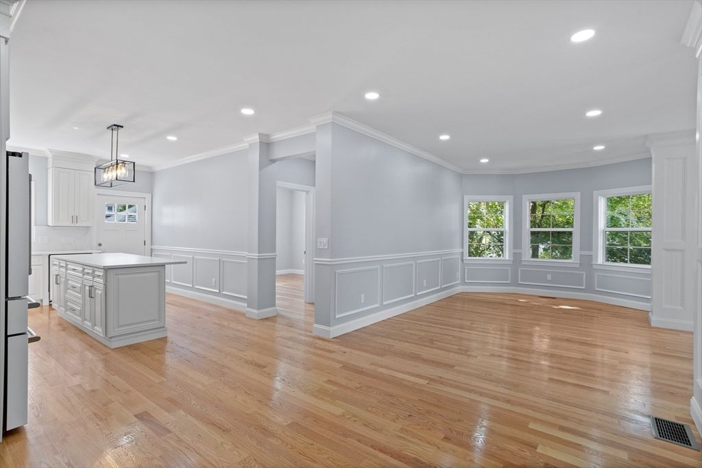 Empty room, Interior, Kitchen, Pendant Lights, Recessed Lighting, Wood Texture Flooring
