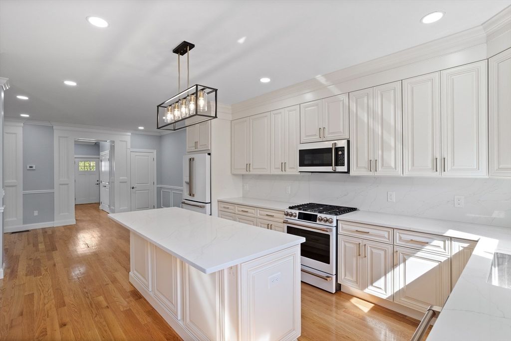 Interior, Kitchen, Pendant Lights, Recessed Lighting, Stainless Steel Appliances, Wood Texture Flooring