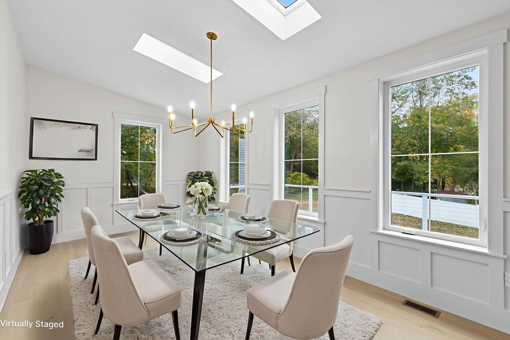 Dining room, Interior, Pendant Lights, Wood Texture Flooring