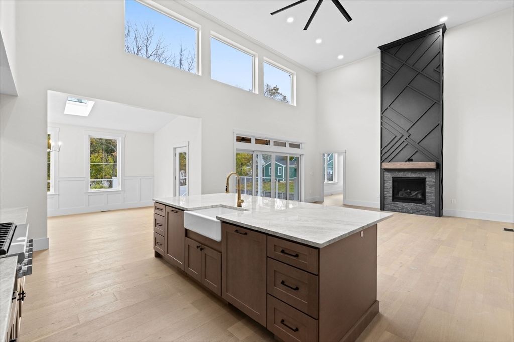 Fireplace, Interior, Kitchen, Recessed Lighting, Wood Texture Flooring