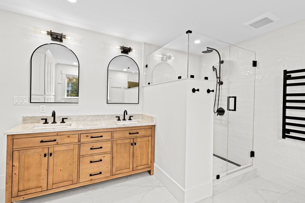 Bathroom, Dual Sink Vanities, Glass Shower, Interior, Marble, Recessed Lighting