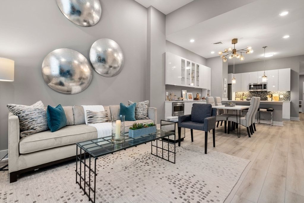 Dining room, Interior, Kitchen, Living room, Pendant Lights, Recessed Lighting, Stainless Steel Appliances, Wood Texture Flooring