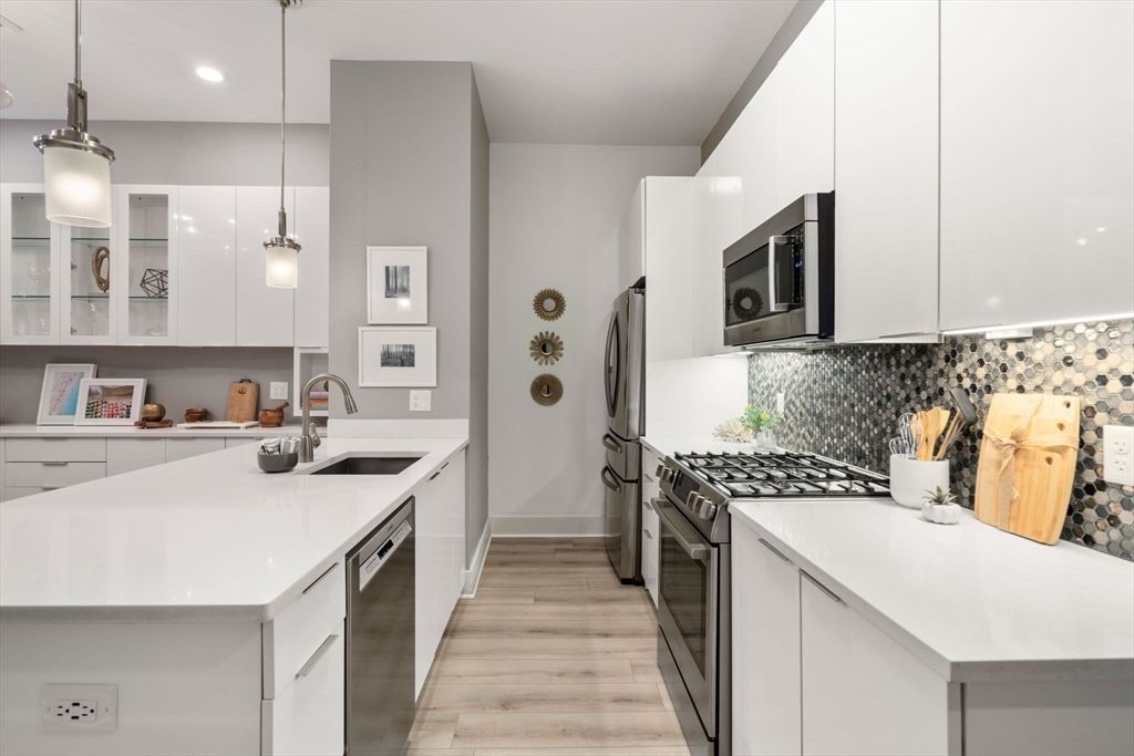 Interior, Kitchen, Pendant Lights, Recessed Lighting, Stainless Steel Appliances, Wood Texture Flooring