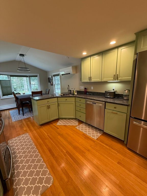 Dining room, Interior, Kitchen, Recessed Lighting, Stainless Steel Appliances, Wood Texture Flooring