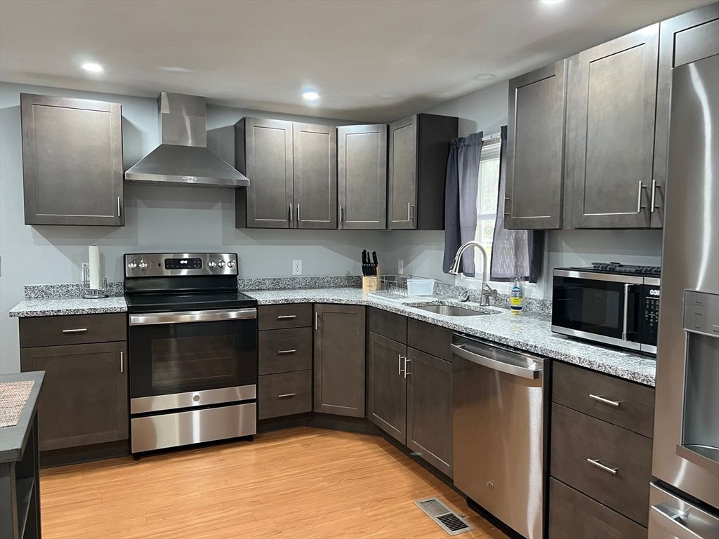 Interior, Kitchen, Recessed Lighting, Stainless Steel Appliances, Wood Texture Flooring