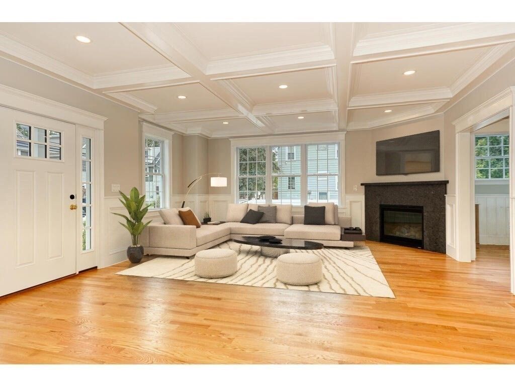 Fireplace, Interior, Living room, Recessed Lighting, Wood Texture Flooring