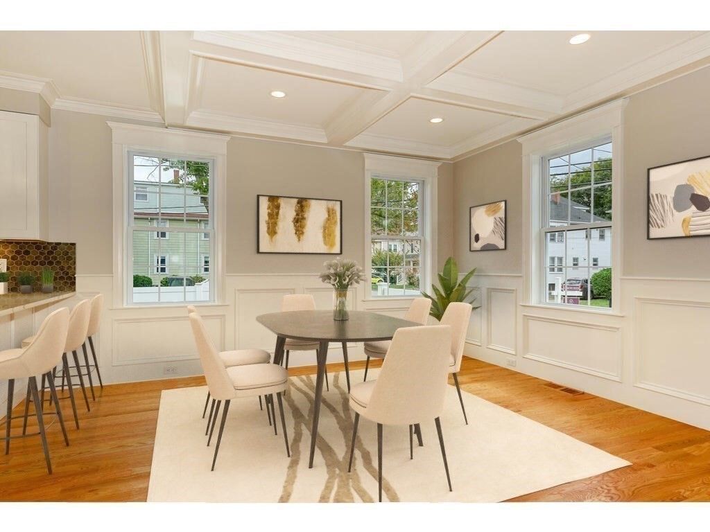 Dining room, Interior, Recessed Lighting, Wood Texture Flooring