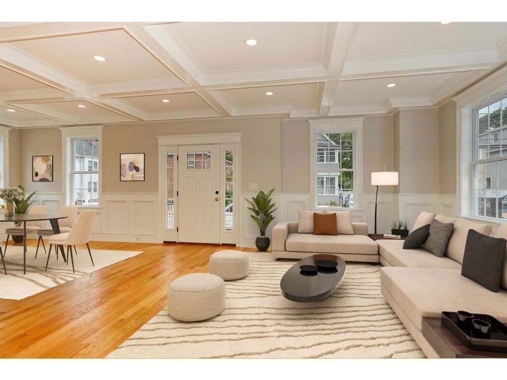 Dining room, Interior, Living room, Recessed Lighting, Wood Texture Flooring