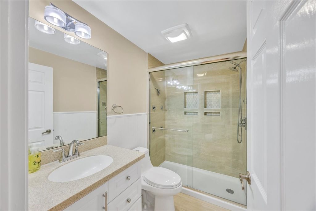 Bathroom, Glass Shower, Interior, Wood Texture Flooring