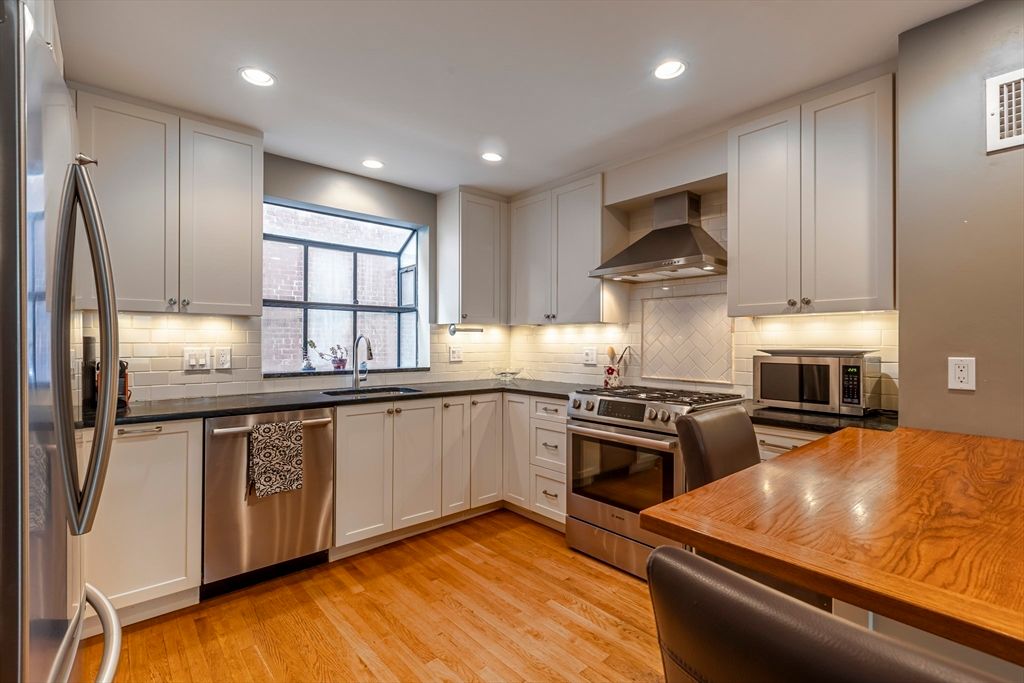 Interior, Kitchen, Recessed Lighting, Stainless Steel Appliances, Wood Texture Flooring