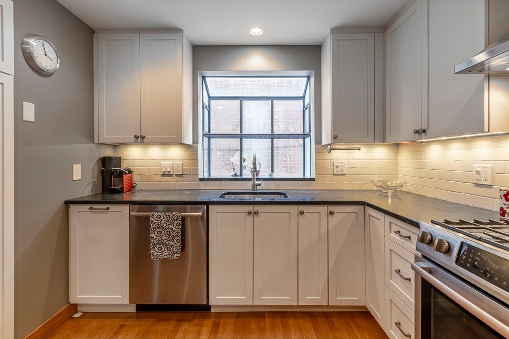 Interior, Kitchen, Recessed Lighting, Stainless Steel Appliances, Wood Texture Flooring