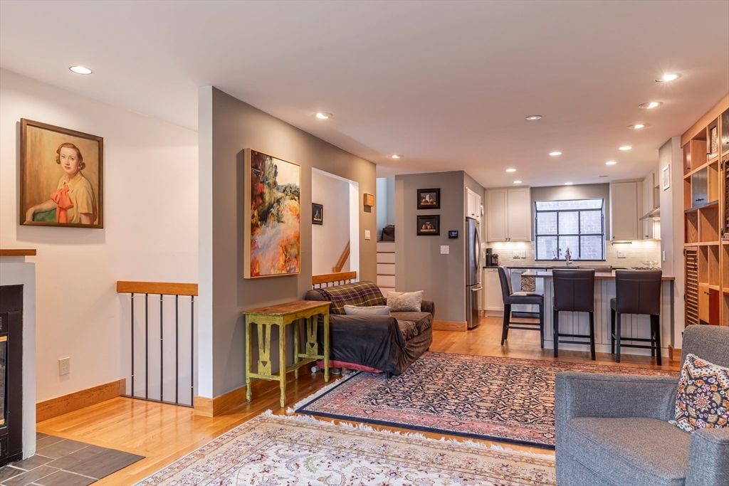 Fireplace, Interior, Kitchen, Recessed Lighting, Wood Texture Flooring