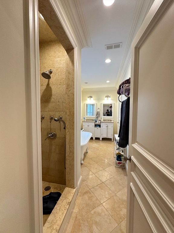 Bathroom, Free Standing Baths, Glass Shower, Interior, Recessed Lighting