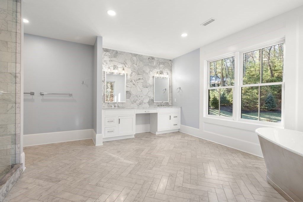 Bathroom, Free Standing Baths, Interior, Marble Walls, Recessed Lighting