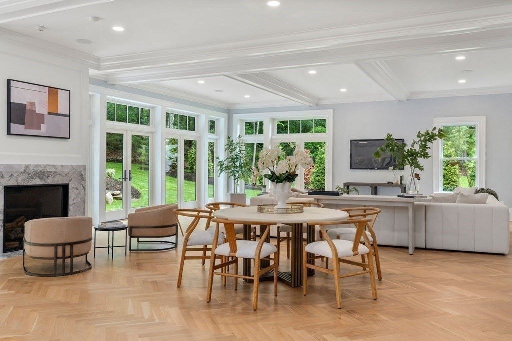 Dining room, Fireplace, Interior, Living room, Recessed Lighting, Wood Texture Flooring