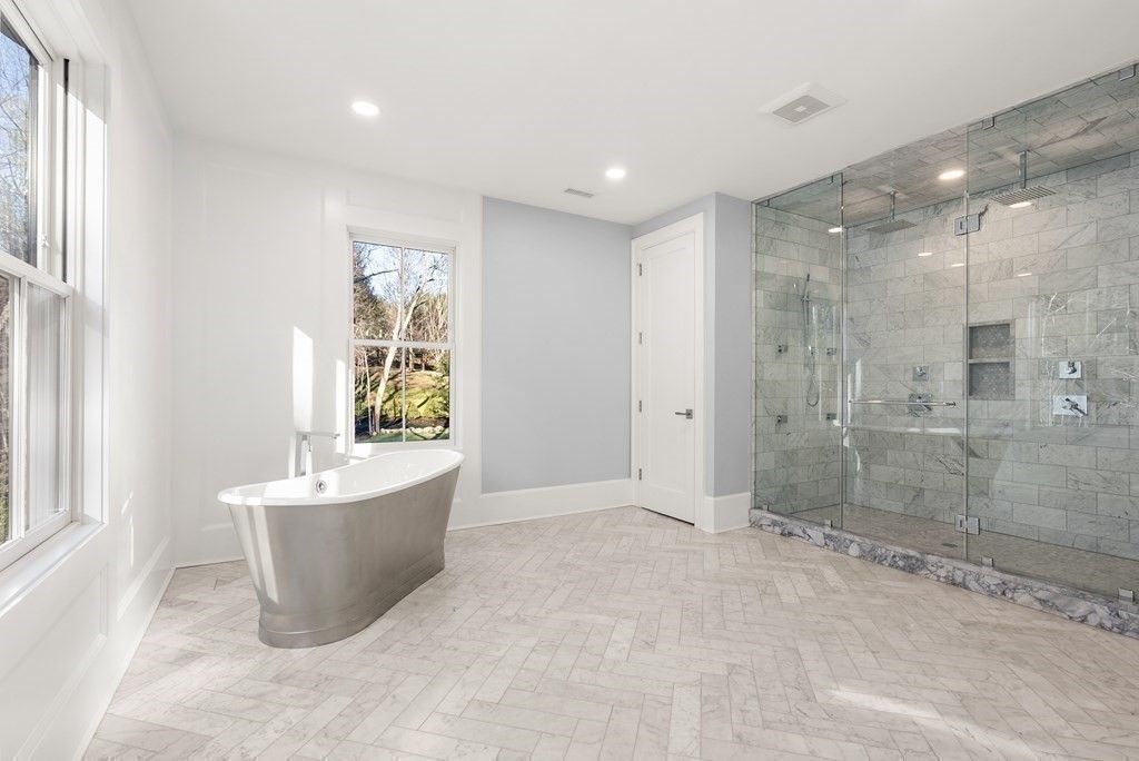 Bathroom, Free Standing Baths, Glass Shower, Interior, Recessed Lighting