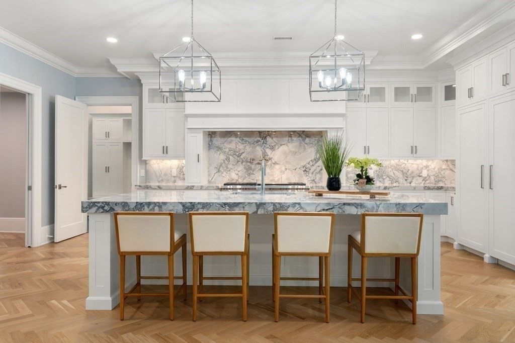 Interior, Kitchen, Marble Walls, Pendant Lights, Recessed Lighting, Wood Texture Flooring