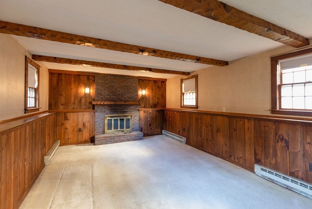 Empty room, Fireplace, Interior, Stone Walls, Wooden Beams, Wooden Walls