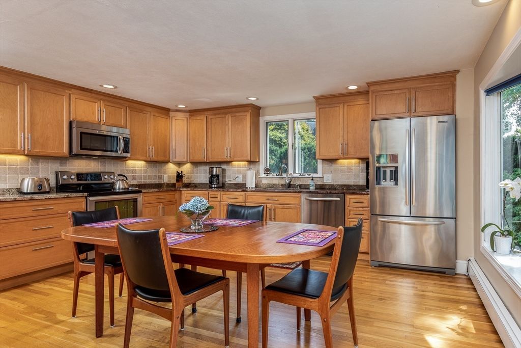 Dining room, Interior, Kitchen, Recessed Lighting, Stainless Steel Appliances, Wood Texture Flooring