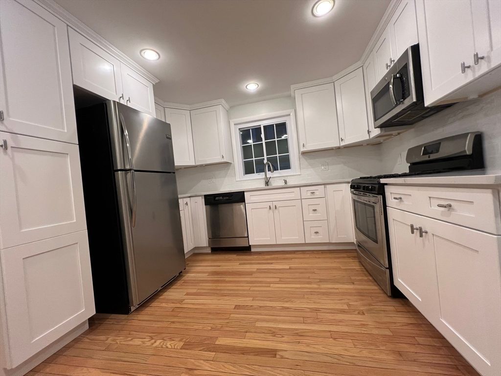 Interior, Kitchen, Recessed Lighting, Stainless Steel Appliances, Wood Texture Flooring