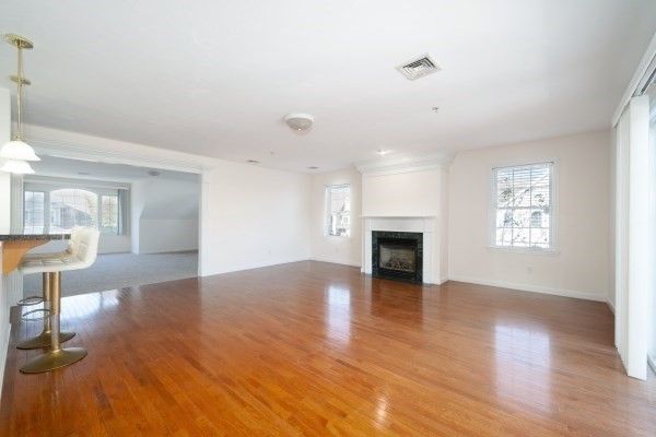 Empty room, Fireplace, Interior, Pendant Lights, Recessed Lighting, Wood Texture Flooring