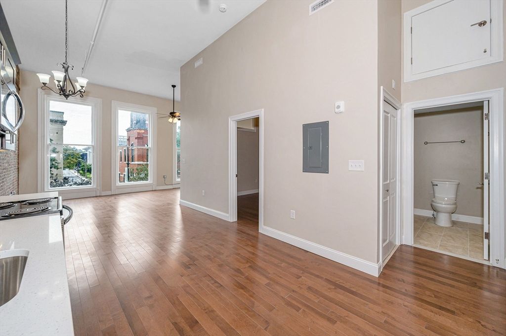 Bathroom, Chandelier, Empty room, Interior, Pendant Lights, Wood Texture Flooring