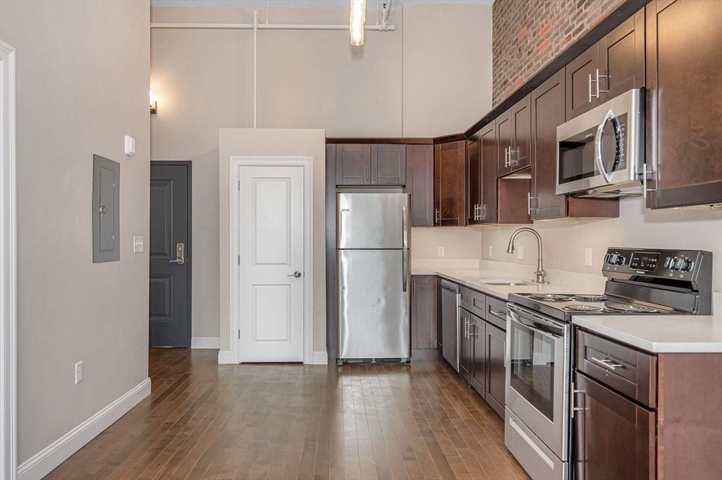 Interior, Kitchen, Pendant Lights, Stainless Steel Appliances, Wood Texture Flooring