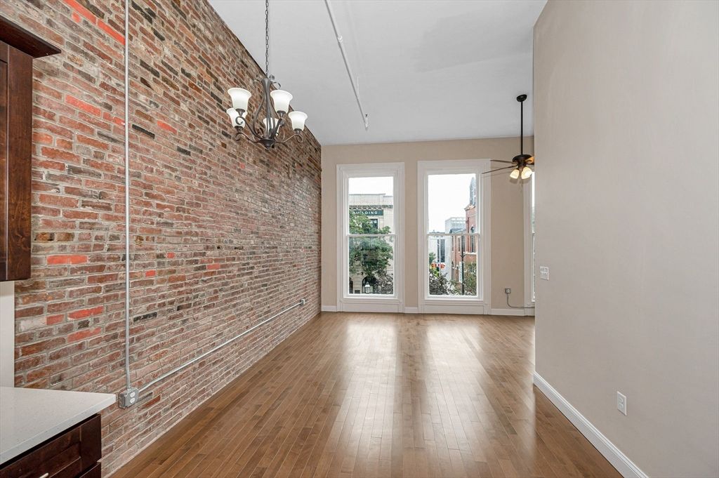 Chandelier, Empty room, Interior, Pendant Lights, Stone Walls, Wood Texture Flooring