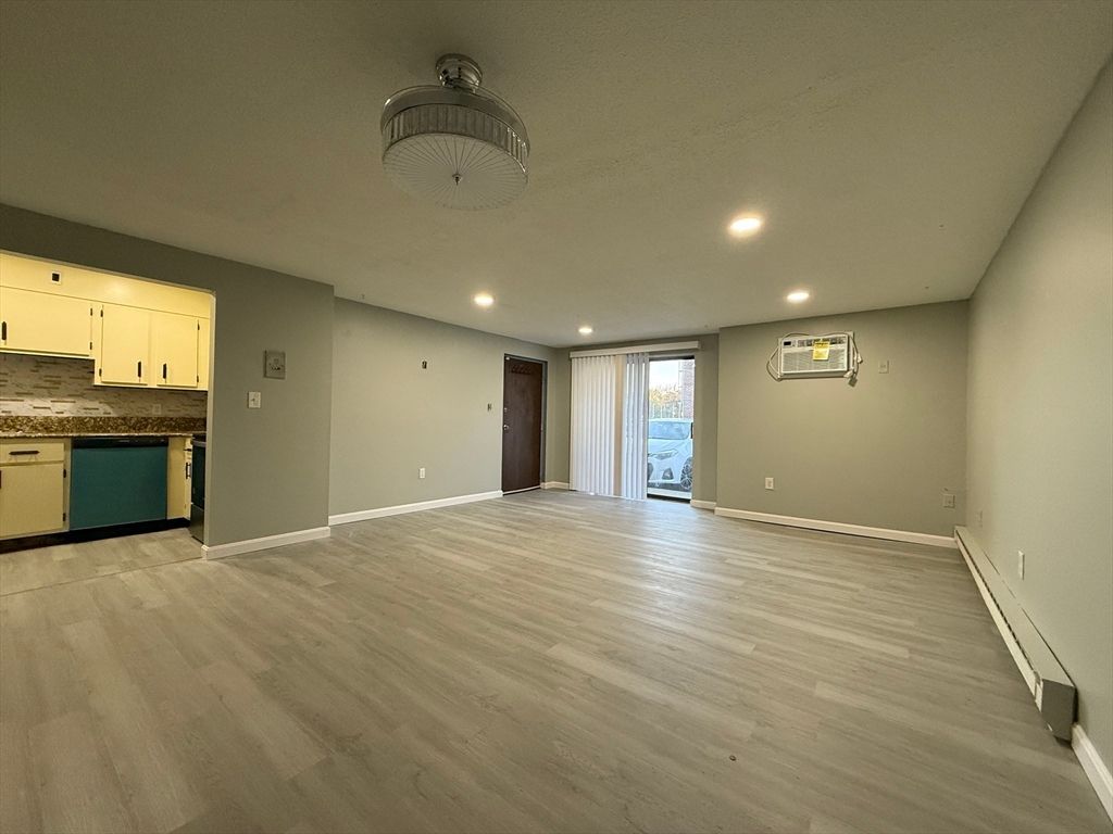Empty room, Interior, Kitchen, Recessed Lighting, Wood Texture Flooring