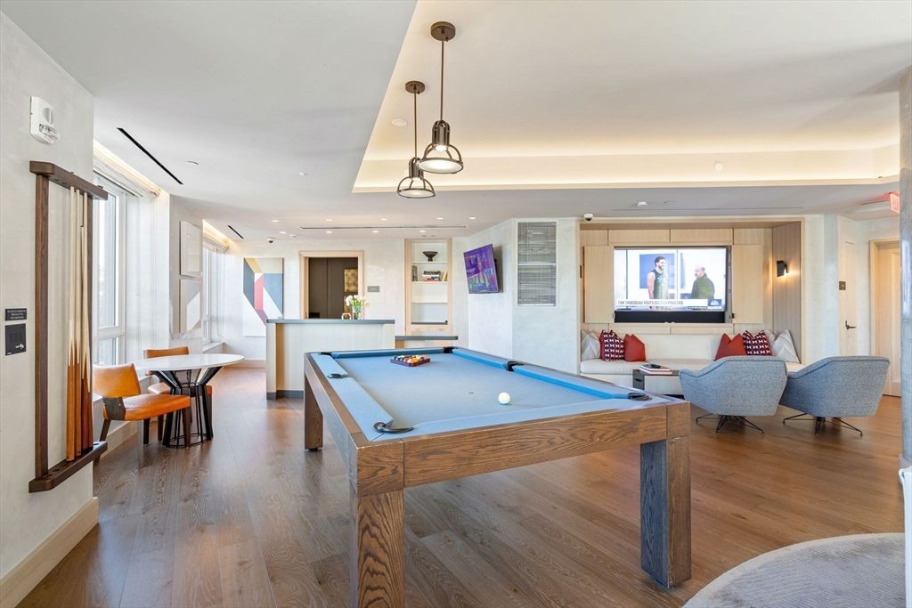 Billiard Table, Game Room, Interior, Pendant Lights, Recessed Lighting, Wood Texture Flooring