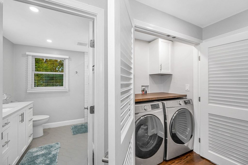 Bathroom, Interior, Recessed Lighting, Utility Closets, Washer, Wood Texture Flooring