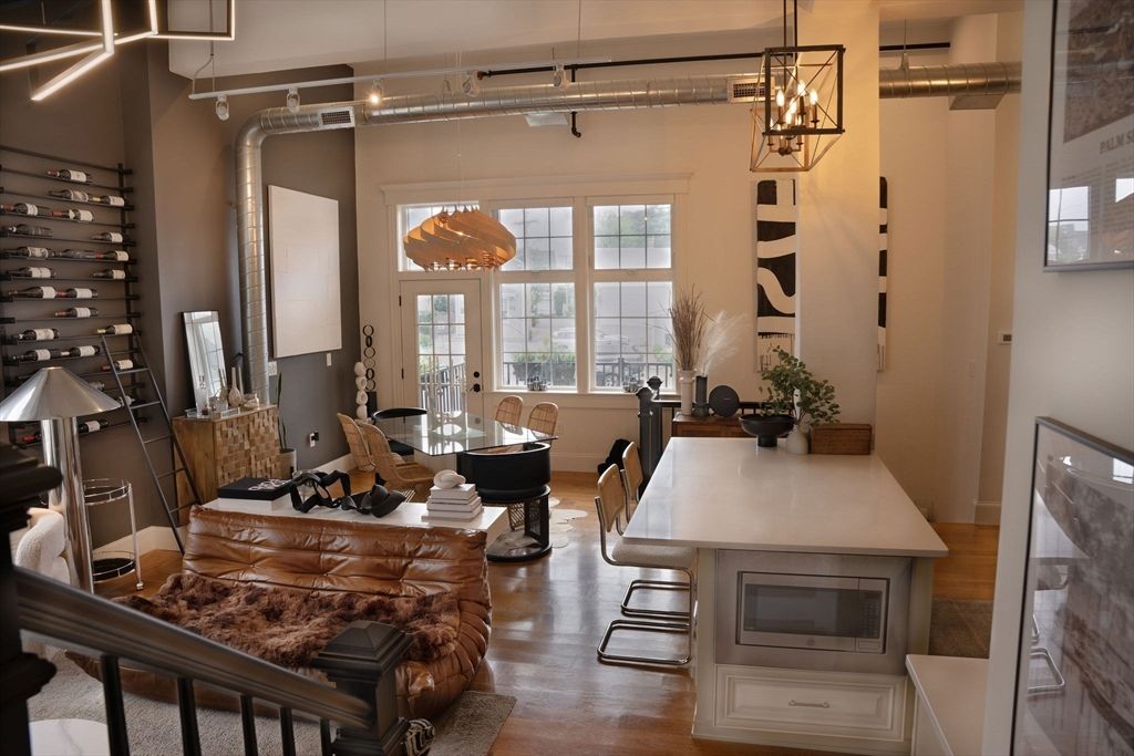 Dining room, Interior, Pendant Lights, Wood Texture Flooring