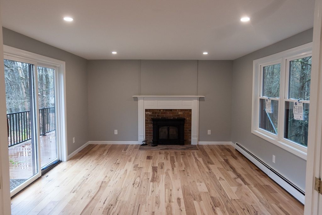 Empty room, Fireplace, Interior, Recessed Lighting, Wood Texture Flooring