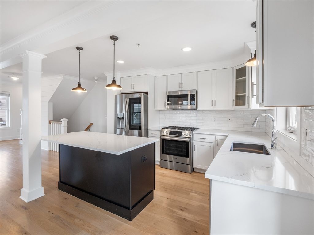 Interior, Kitchen, Pendant Lights, Recessed Lighting, Stainless Steel Appliances, Wood Texture Flooring