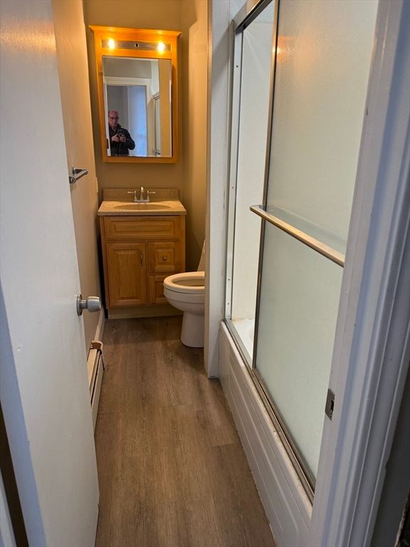 Bathroom, Glass Shower, Interior, Wood Texture Flooring